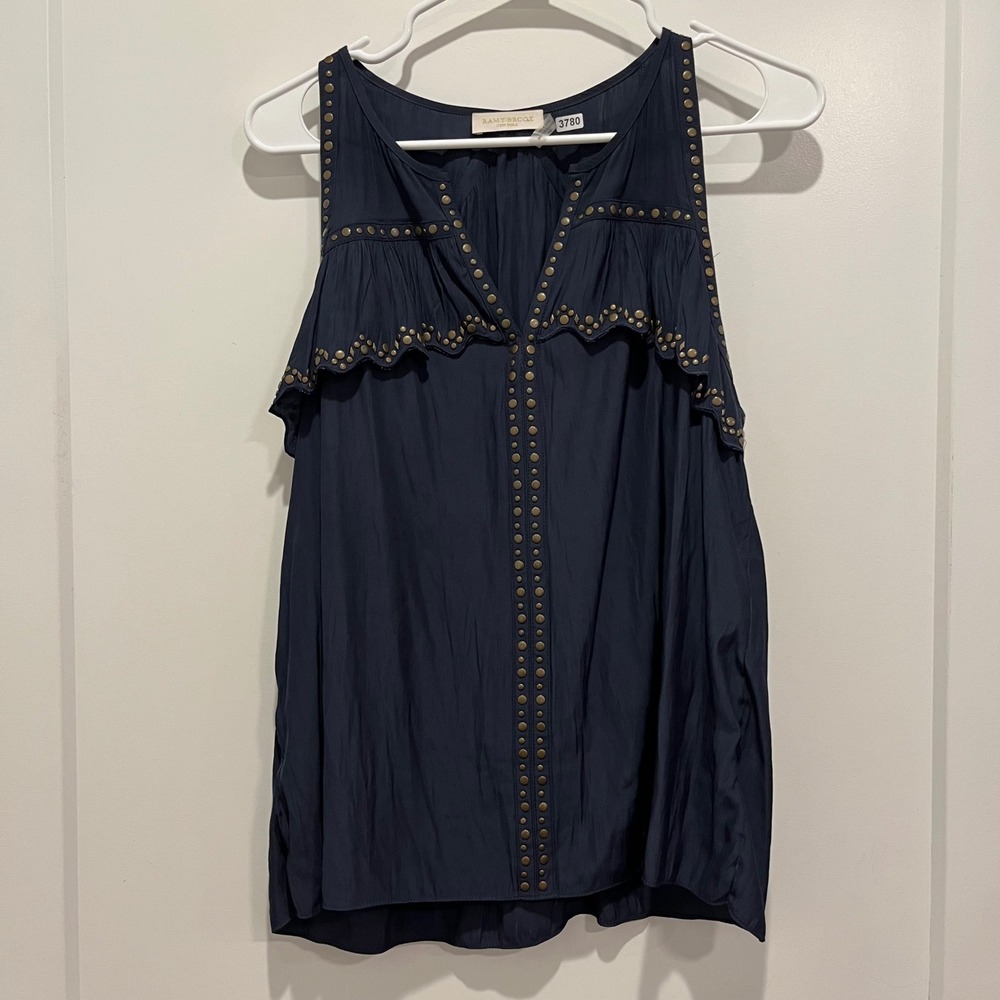Ramy Brook Navy Blue Studded Ruffle Silk Sleeveless Top Size Medium